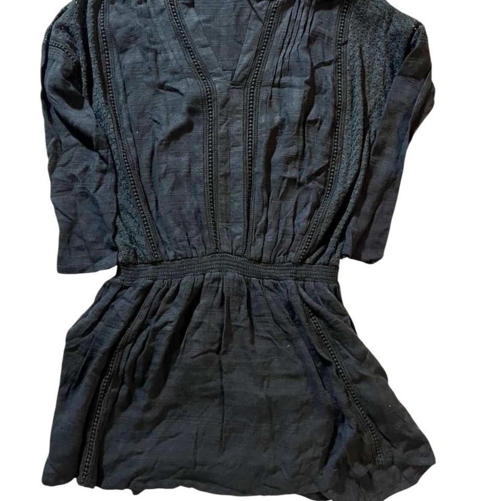 Black Lace Inset Boho Mini Dress V-Neck Smocked Waist Long Sleeve